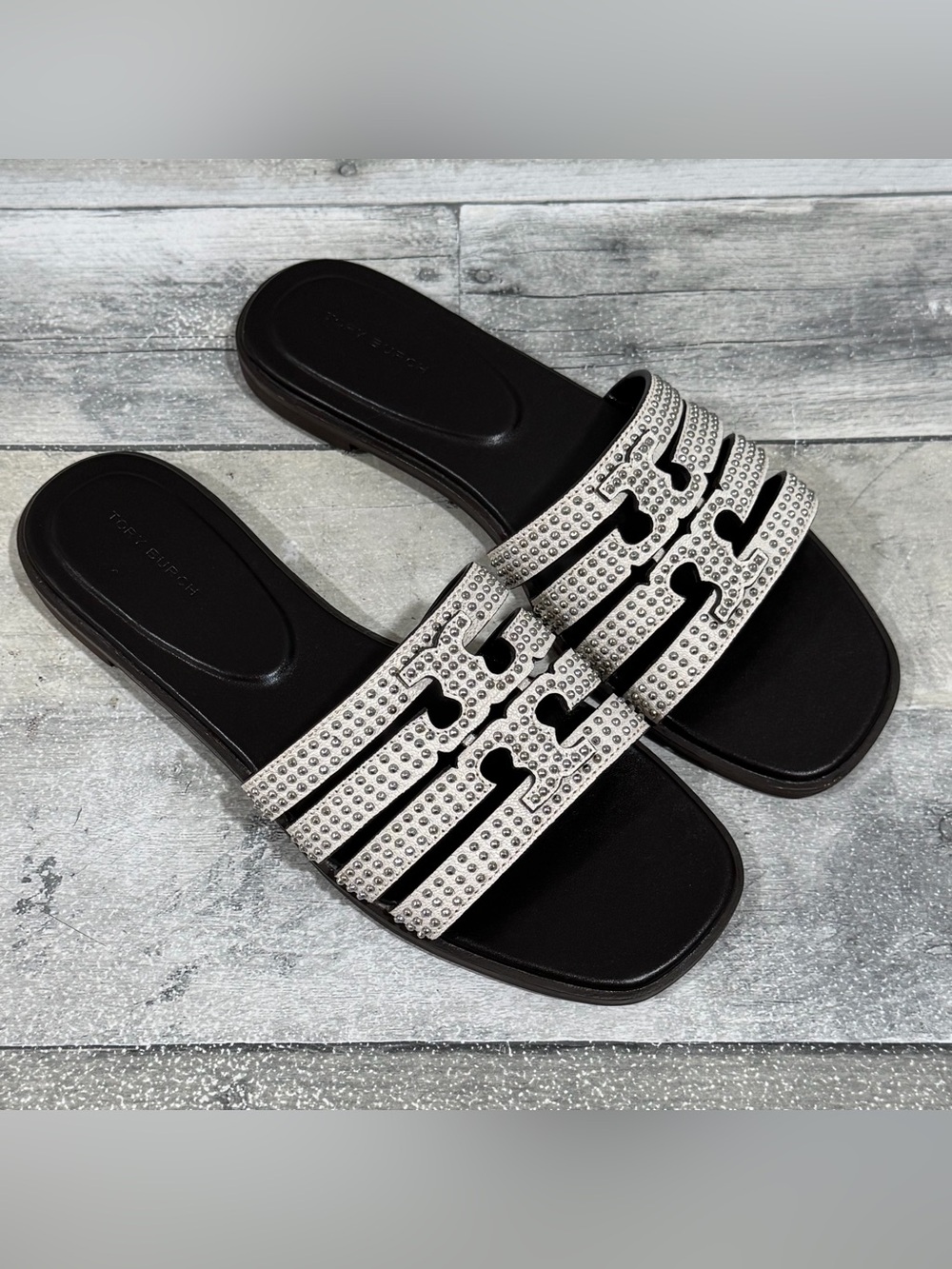 TORY BURCH Ines Leather Studded Slide Flat Sandal - White - Size - 8.US